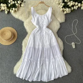 Abito lungo bianco estivo da donna con canotta bohémien in pizzo Pacthwork eleganti abiti da vacanza midi da spiaggia pieghettat