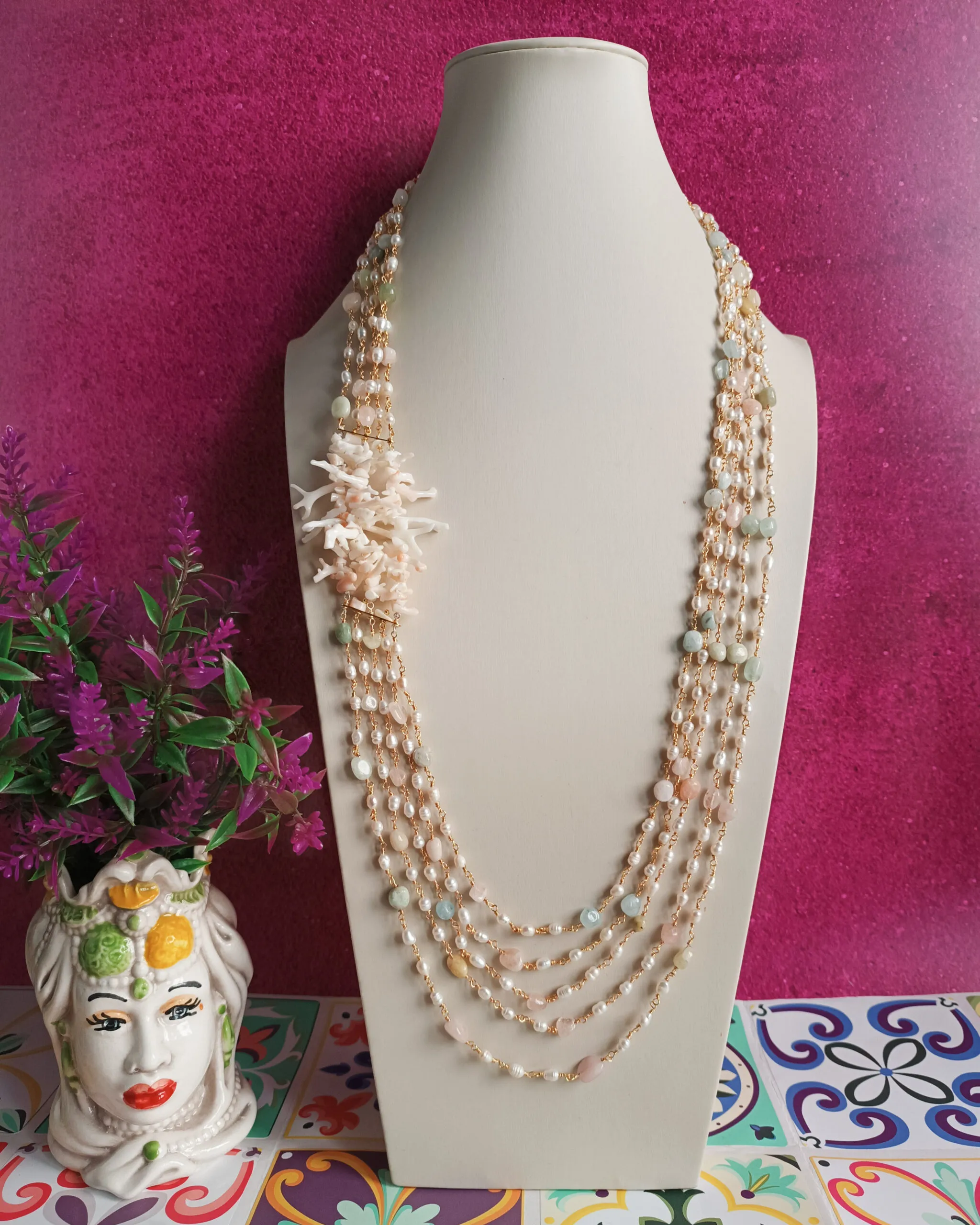 Collana a Cinque Fili con Acquamarina, Morganite, Perle e Corallo Rosa _ Spedizione in 7 giorni lavorativi