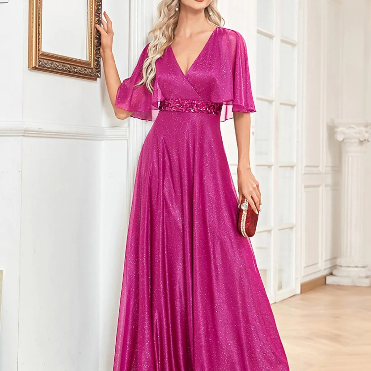 Eleganti abiti da sera formali brillanti da donna con scollo a V, festa di nozze, maniche corte, abito lungo, abiti da festa, Ev