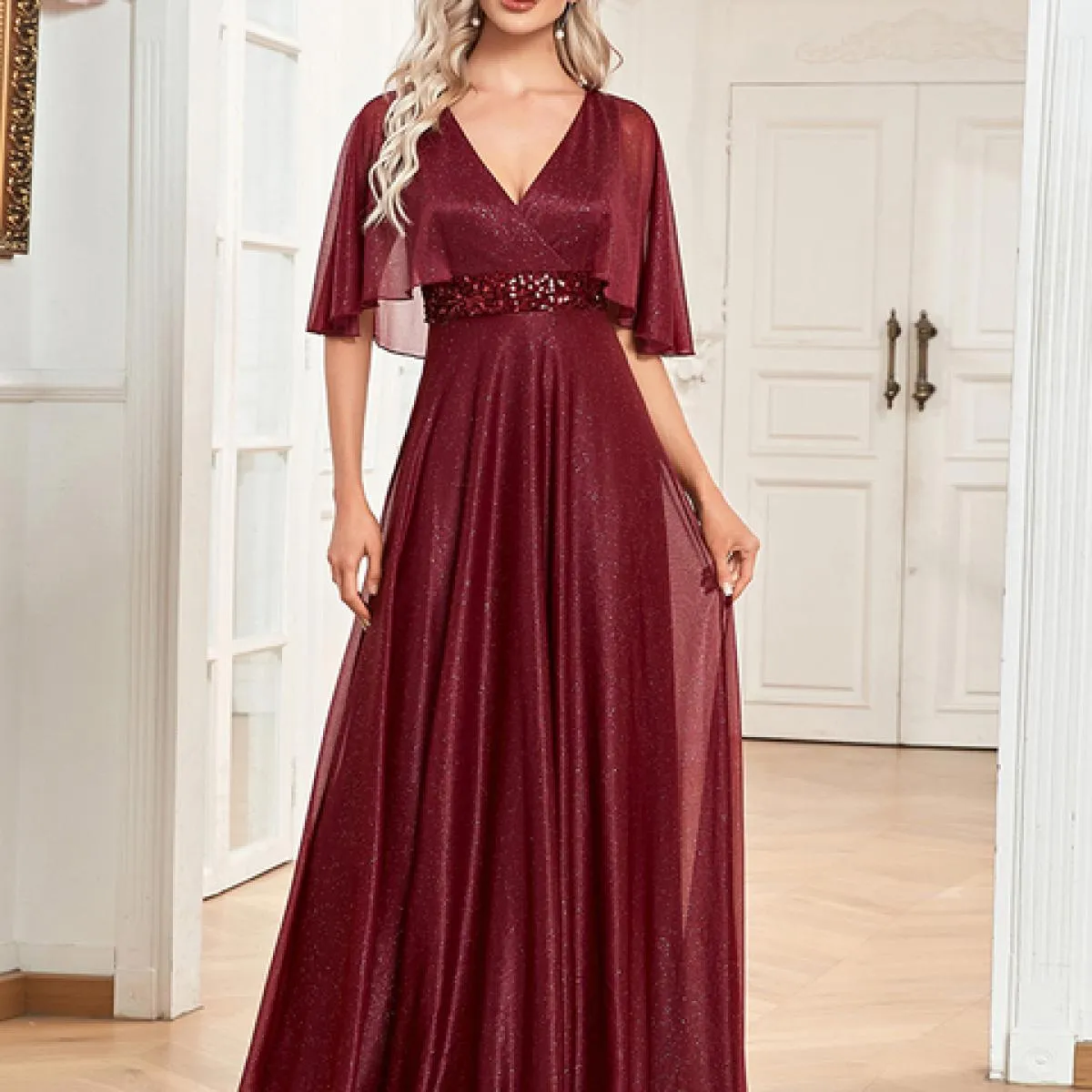 Eleganti abiti da sera formali brillanti da donna con scollo a V, festa di nozze, maniche corte, abito lungo, abiti da festa, Ev