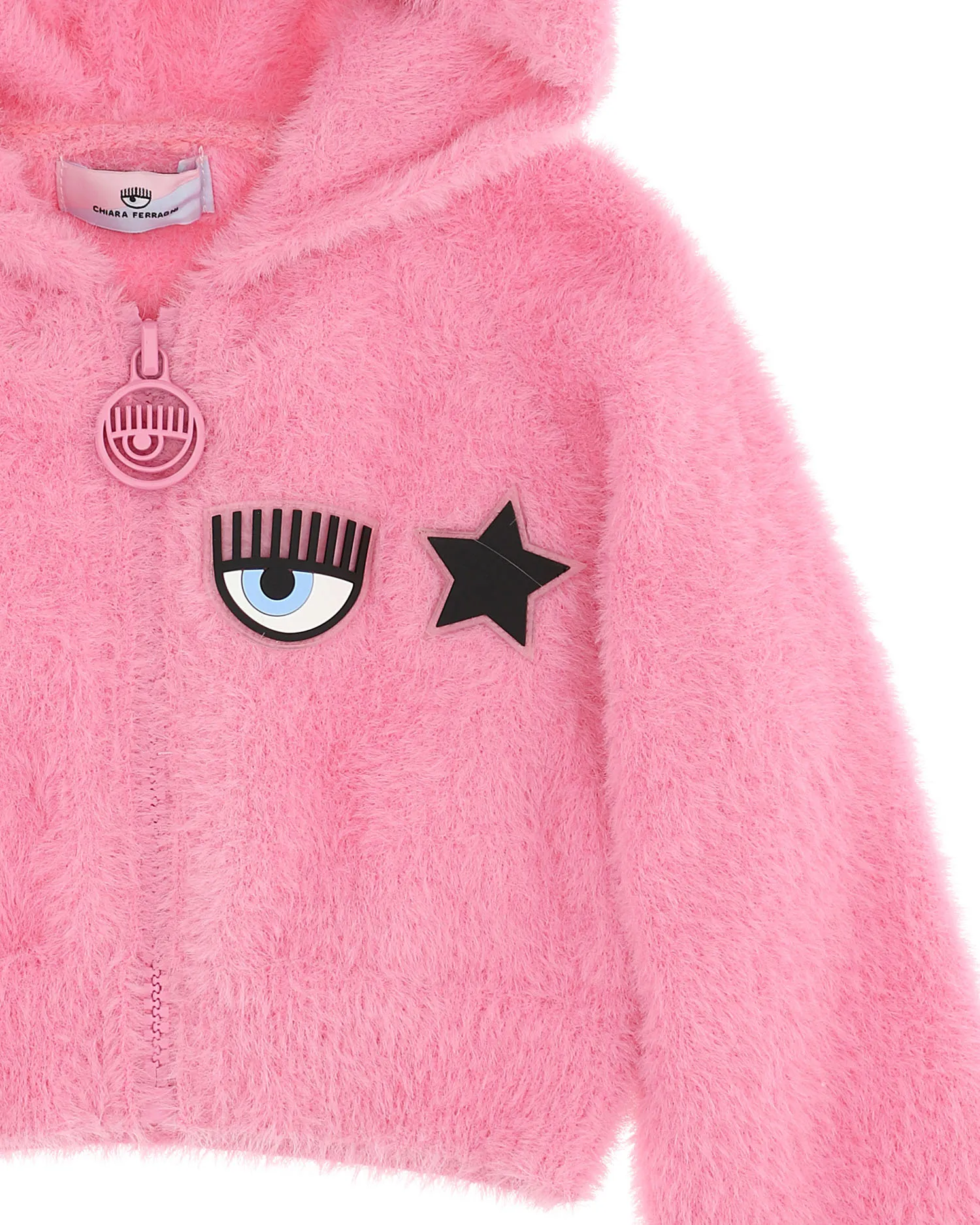 Maglia rosa in tessuto effetto peluche con chiusura zip e cappuccio con orecchie 9-24 mesi