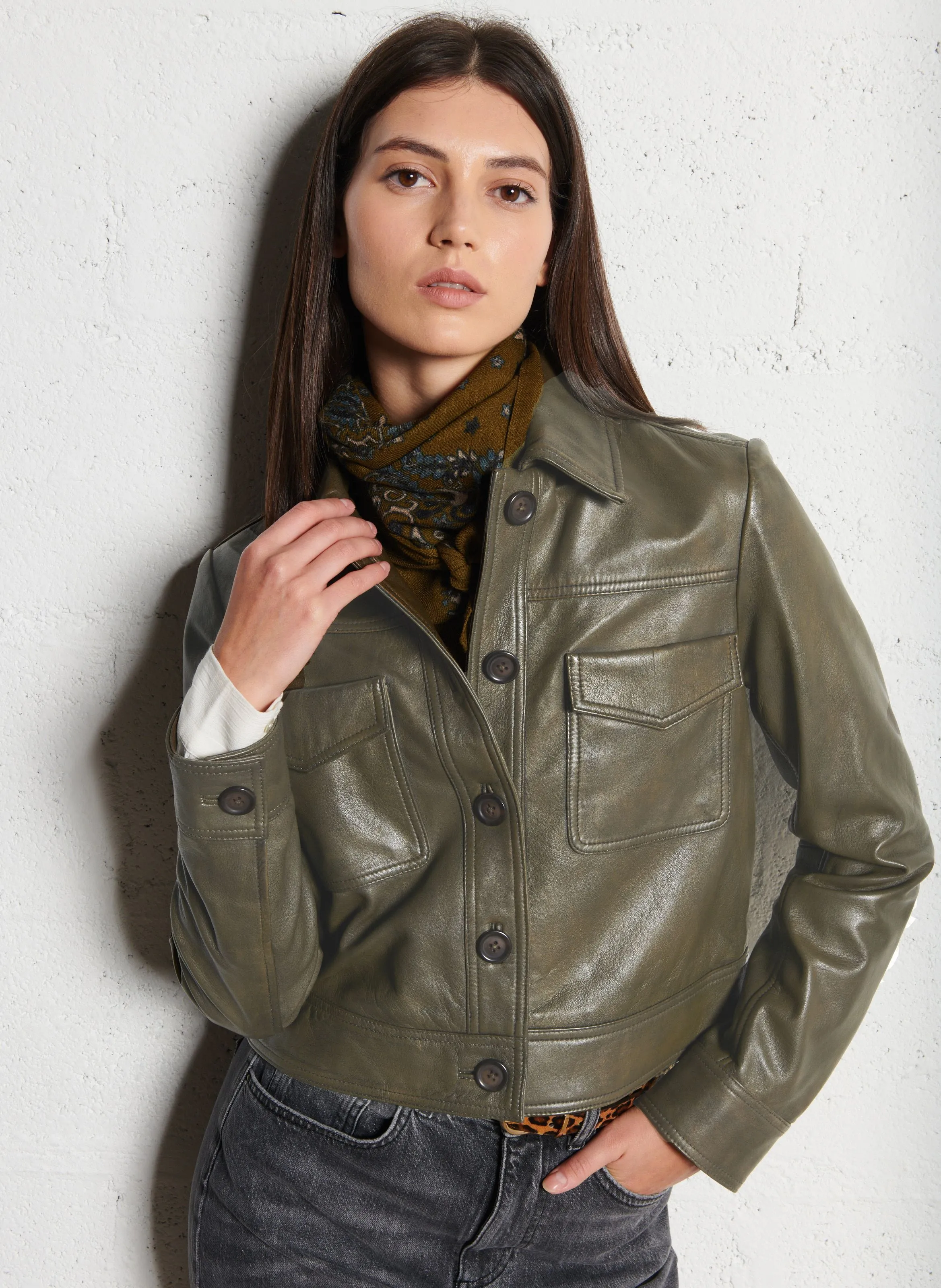  MAISON 123   DONNA - Giubbotto in pelle collo classico | Verde