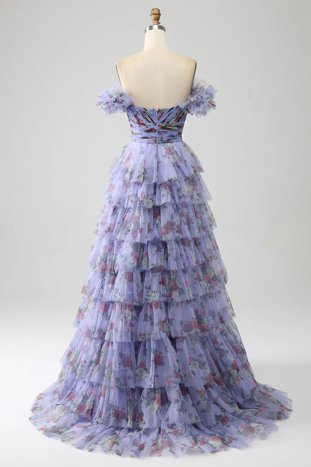 Off the Shoulder floreale stampato a più livelli Prom Dress con pieghe