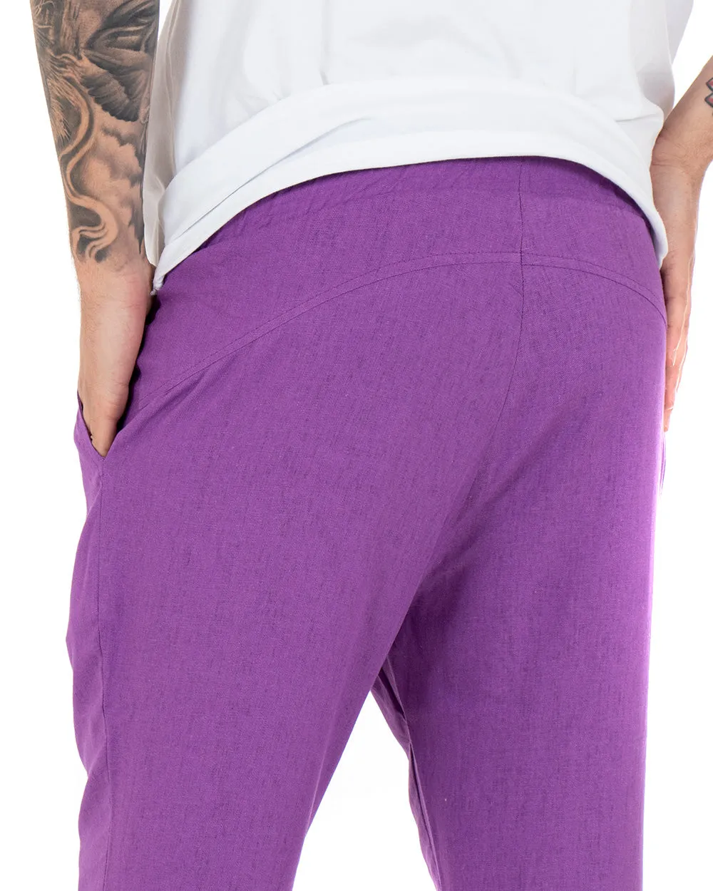 Pantaloni Uomo Pantalaccio Lino Lungo Jogger Elastico Sartoriale Casual Tinta Unita Viola GIOSAL-P3801A